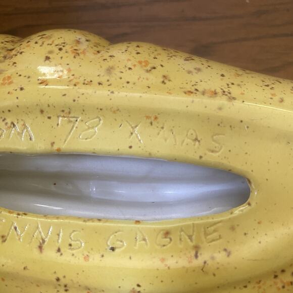 Vintage MCM Glazed Yellow Speckled Ceramic Ashtray Shell Fan Wave Handmade 1978 - Picture 6 of 10